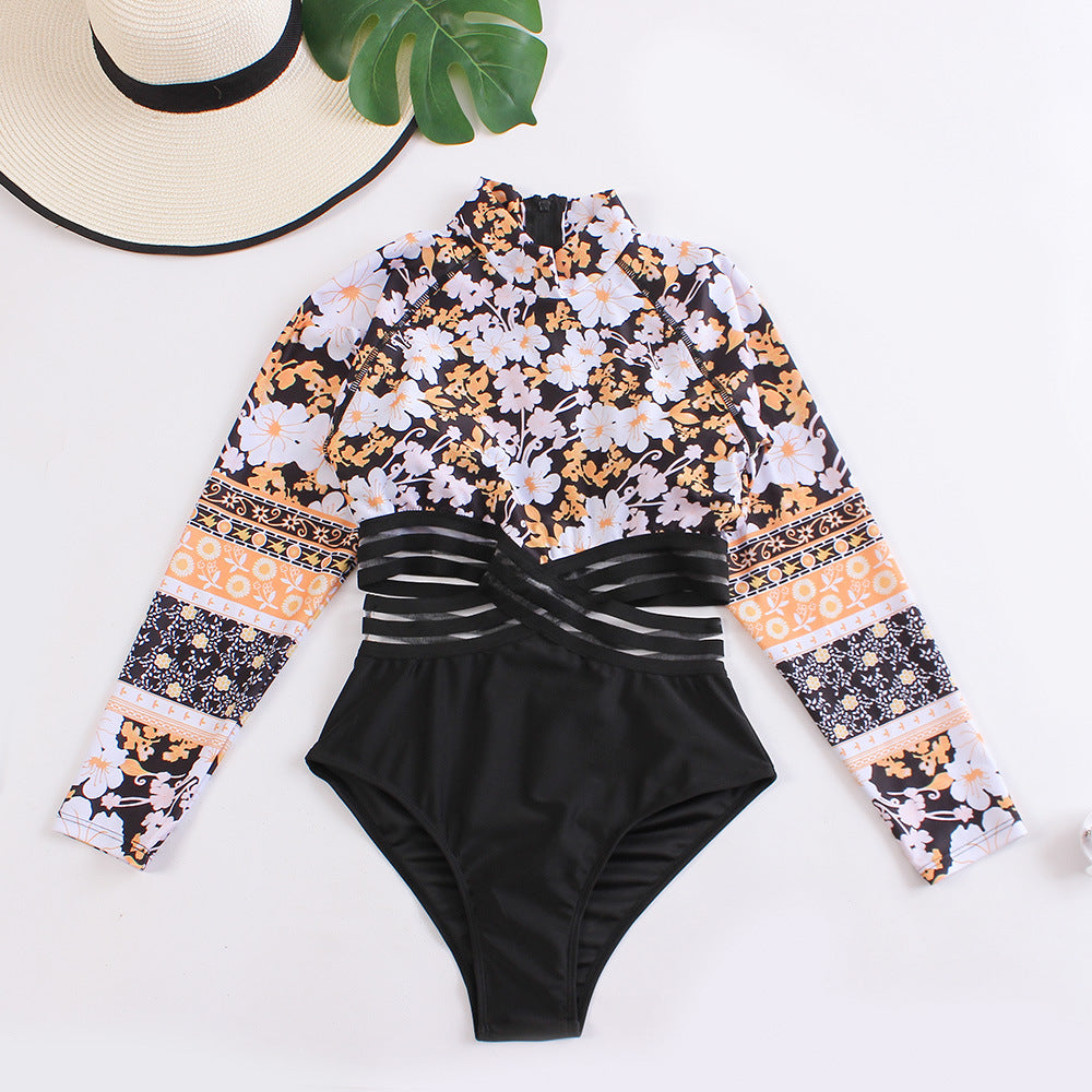 Wholesale Back Zipper Printed Long Sleeve One-Piece Sunscreen Hollow Skinny Polyester Swimwear